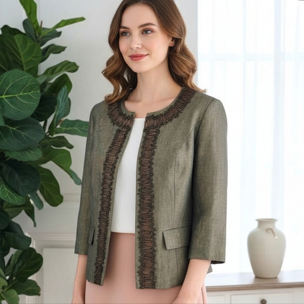 Chico's Linen Mettalic Green Jacket Blazer Size 1